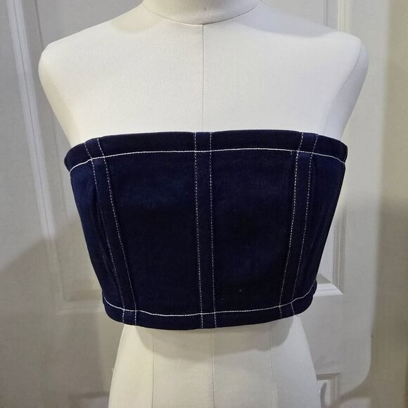 By.DYLN Denim Tube Top – Dark Blue Smocked Strapless Crop w/ Zipper | Deadstock - Picture 9 of 14